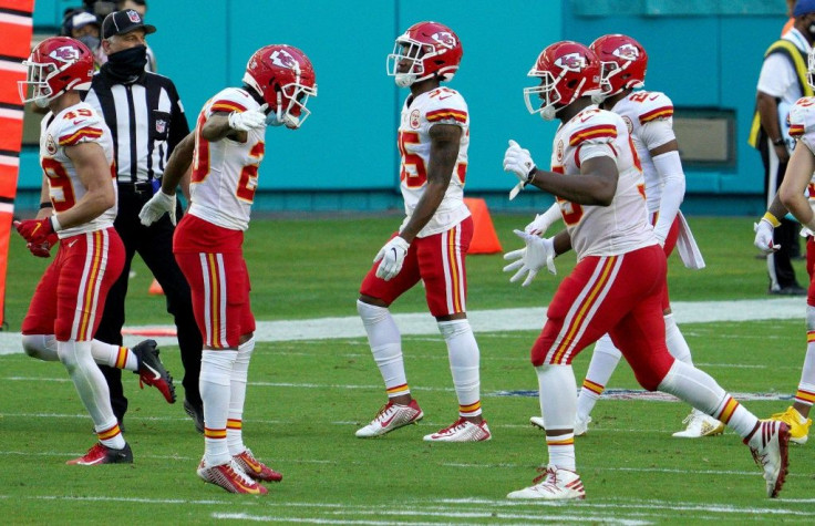 The Kansas City Chiefs celebrate a safety against Miami in their 33-27 NFL victory over the Dolphins