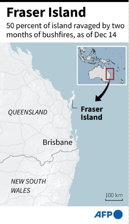 Map locating Fraser Island off Australia's east coast which has been ravaged by two months of bushfires.