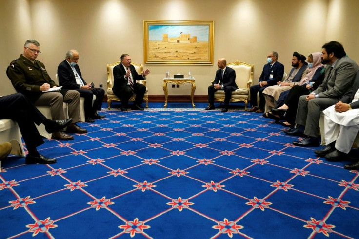 US Secretary of State Mike Pompeo meeting Afghan government negotiators in Qatar in November 2020