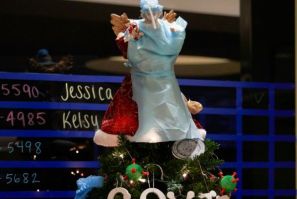 An angel wearing PPE on top of the Christmas tree at UMass Memorial Hospital on December 4, 2020 in Worcester, Massachusetts