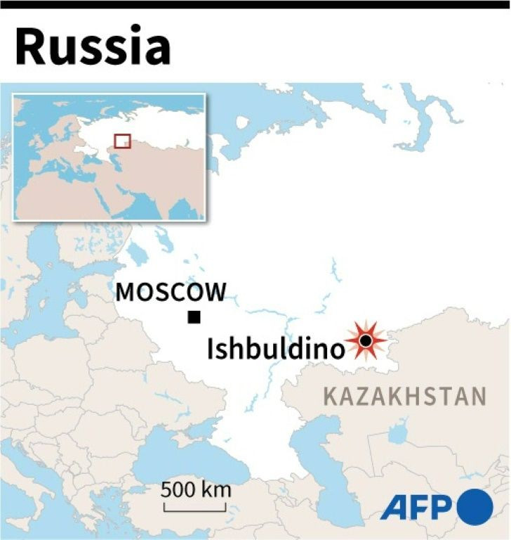 Map locating the Russian village of Ishbuldino in the Ural mountains where a deadly fire erupted in a retirement home