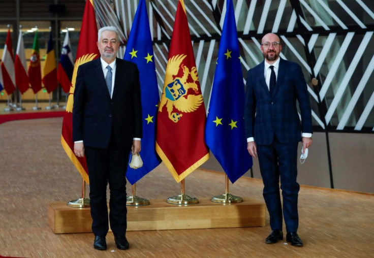 Krivokapic (l) with EU Council President Charles Michel in Brussels before their meeting