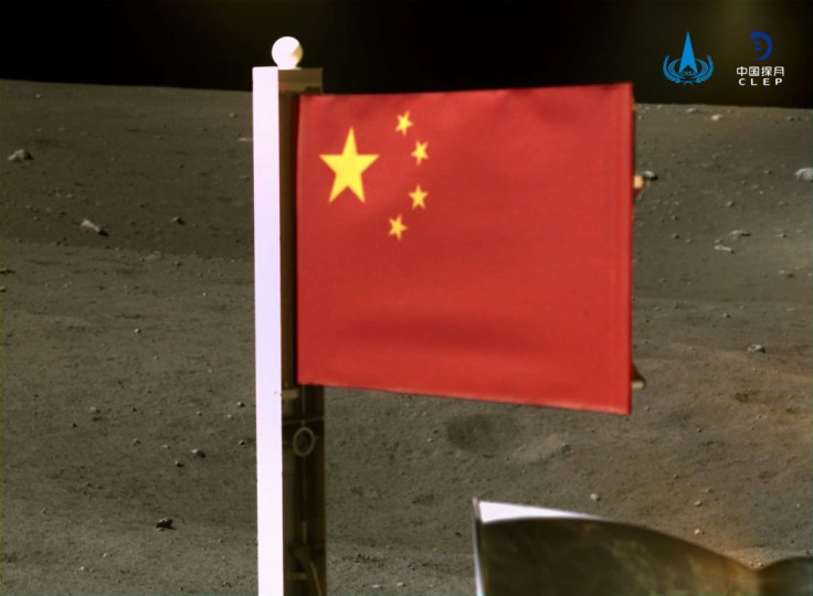 This picture taken on December 4, 2020, shows a Chinese national flag mounted from the Chang'e-5 lunar probe