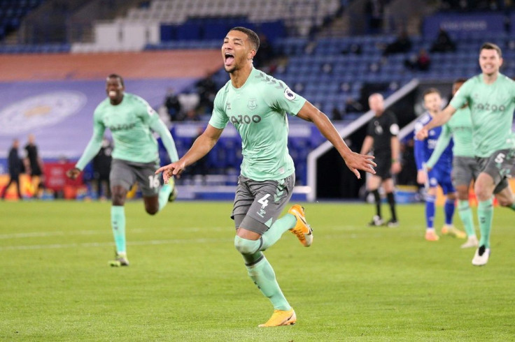 On the rise: Mason Holgate (centre) scored Everton's second goal in a 2-0 win at Leicester