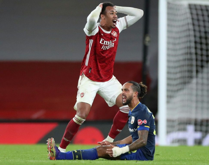 Arsenal's Brazilian defender Gabriel reacts after being sent off