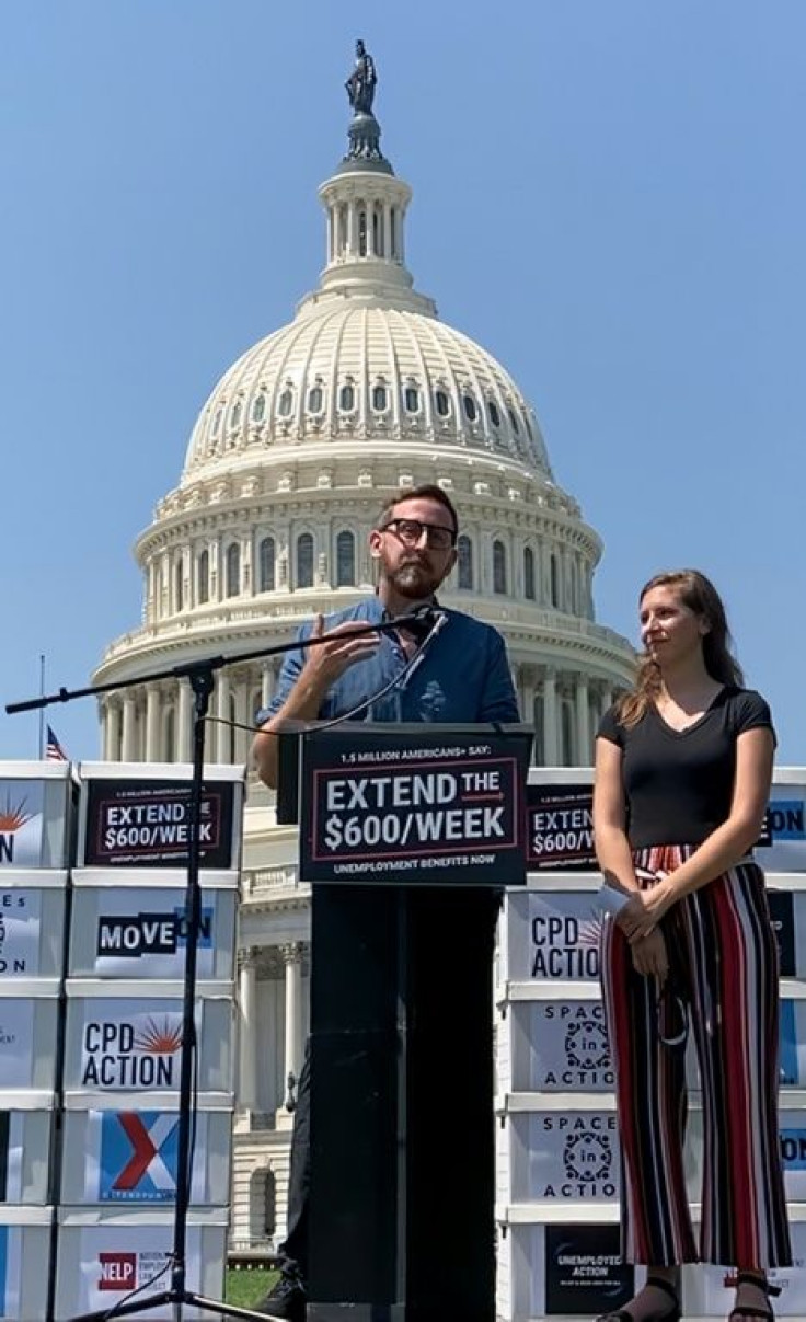 Grant McDonald along with co-founder of ExtendPUA.org Stephanie Freed (right) lobbied senators and spoke outside the US capitol, but the next stimulus package is set to exclude much of what they want