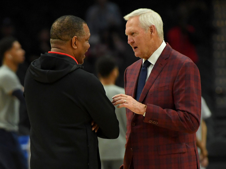 New Orleans Pelicans head coach Alvin Gentry talks with Los Angeles Clippers special advisor Jerry West before the game at Staples Center on November 24, 2019 in Los Angeles, California. 