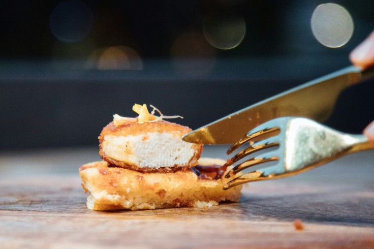 A nugget made from lab-grown chicken meat at a restaurant in Singapore