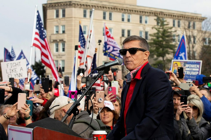 General Michael Flynn, President Donald Trumpâs former national security advisor, speaks during a pro-Trump rally in Washington on December 12, 2020; he has advocated use of martial law to 'rerun' the November election