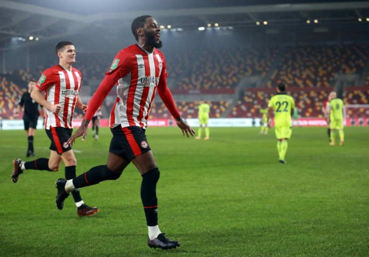 Brentford's Josh Dasilva celebrates his goal against Newcastle