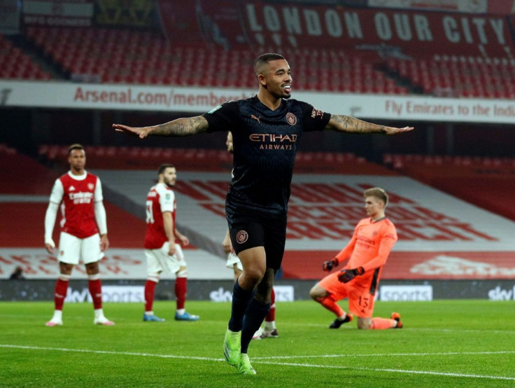 Manchester City striker Gabriel Jesus celebrates scoring against Arsenal