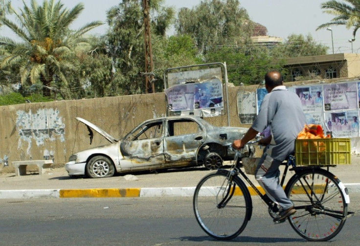 The remains of a car burnt after Blackwater private security guards escorting US embassy officials opened fire in Baghdad's Nisur Square in 2007