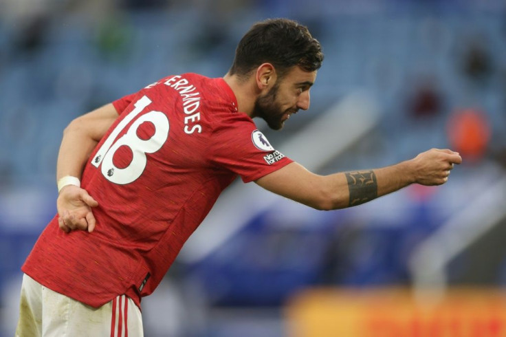 Hats off: Bruno Fernandes's 14th goal of the season was not enough to earn Manchester United victory at Leicester