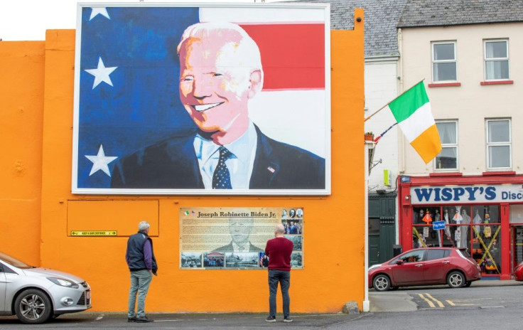 A giant painting of US President-elect Joe Biden is seen in his ancestral home of Ballina in northwest Ireland in October 2020
