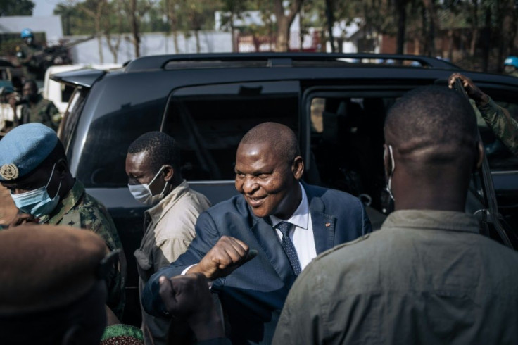 President Faustin Archange Touadera, pictured at a polling station in Bangui on Sunday, is the frontrunner