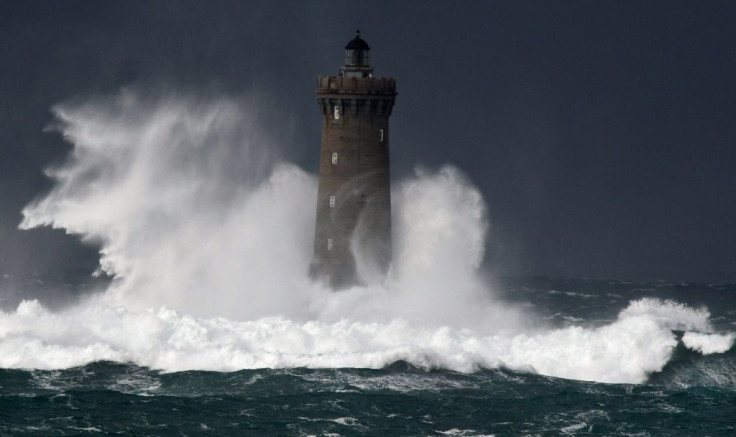 Strong waves and stormy winds around the lighthouse of Four d'Argenton in Porspoder in western France on December 27, 2020