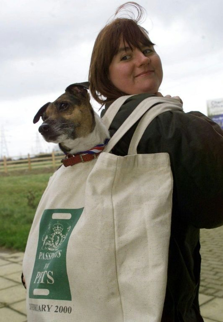 A dog owner carries her pet after arriving at Folkstone through the Channel Tunnel on the first day of the passport scheme started in 2000 allowing animals into Britain without quarantine regulations