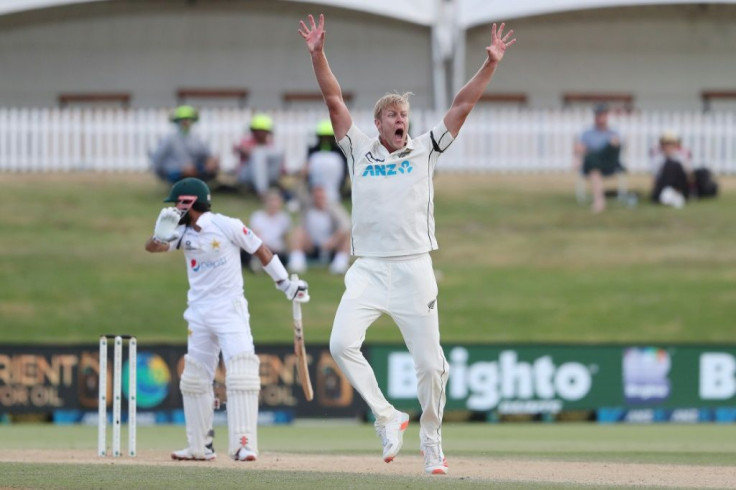 New Zealand's Kyle Jamieson celebrates after another wicket