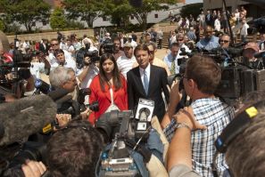 John Edwards and his daughter, Cate Edwards depart from the U.S. District Court in Winston-Salem North Carolina