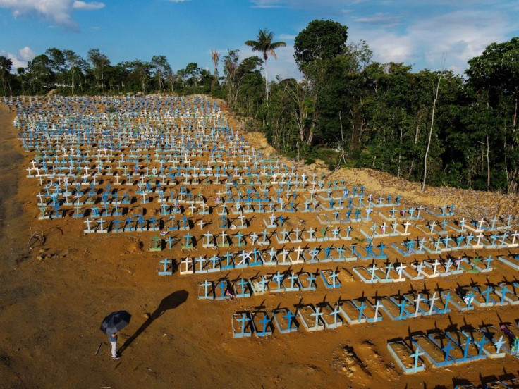 An aerial view of the burial site reserved for victims of the COVID-19 pandemic at the Nossa Senhora Aparecida cemetery in Manaus, in the Amazon forest in Brazil on November 21, 2020.