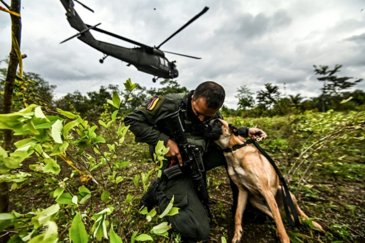 A Colombian police officer hugs a dog during an operation to eradicate illicit crops in Tumaco, Narino Department on December 30, 2020