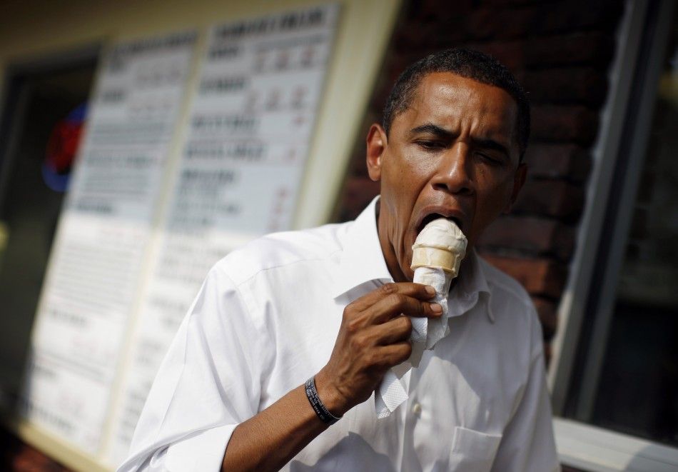 US Democratic presidential nominee Senator Barack Obama D-IL eats an ice cream cone during a campaign stop at Windmill Ice Cream Shop in Aliquippa, Pennsylvania