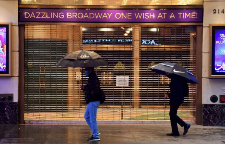 People walk past a closed broadway theater near Time Square on October 12, 2020 in New York City
