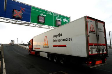 Trucks arrive at Calais, northern France, after crossing from Britain on January 1