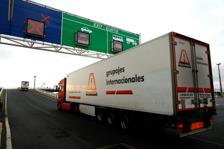 Trucks arrive at Calais, northern France, after crossing from Britain on January 1