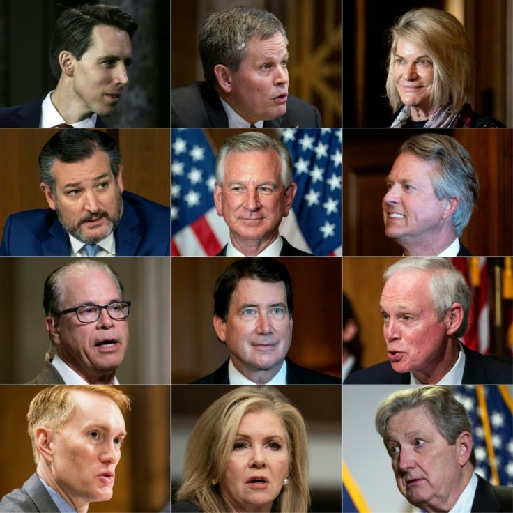 The 12 Republican senators and senators-elect who have pledged not to certify Joe Biden's election win (L-R, top-bottom): Josh Hawley; Steve Daines; Cynthia Lummis; Ted Cruz; Tommy Tuberville; Roger Marshall; Mike Braun; Bill Hagerty; Ron Johnson; James L