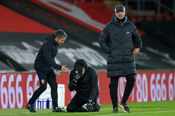 Southampton manager Ralph Hassenhuttl (centre)broke down in tears at full-time