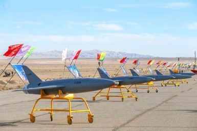 A handout photo issued on January 5, 2021 by the Iranian army shows drones on display prior to a military drill