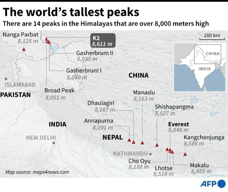 Map showing the world's 14 peaks that are more than 8,000 m high.
