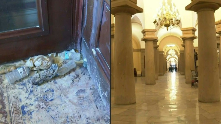 Images show plastic bottles and the remnants of pepper spray, tear gas, and fire extinguishers inside the Capitol Hill the day after supporters of US President Donald Trump stormed the legislative building