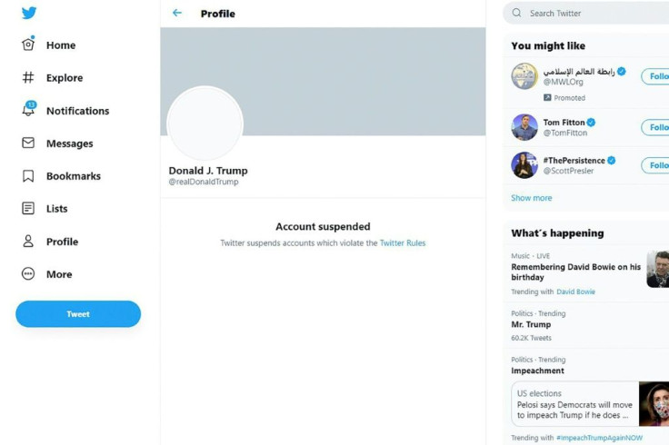 This screen grab shows the suspended Twitter account of US President Donald Trump on January 8, 2021