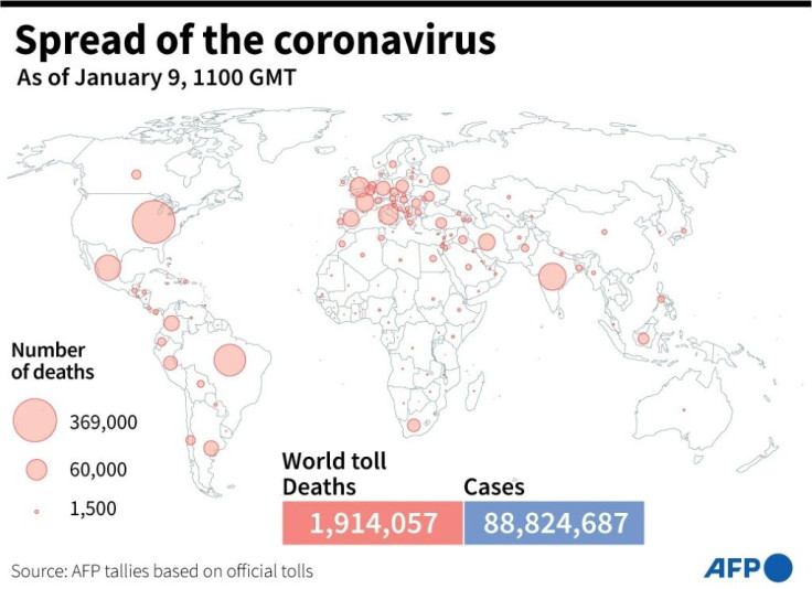 World map showing the number of Covid-19 deaths by country, as of Jan 9 at 1100 GMT
