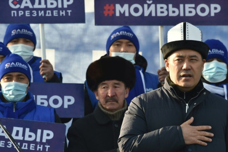 Clad in a traditional Kalpak felt hat, populist Japarov, seen addressing a rally in Bishkek, looks set to claim the presidency just weeks after his release from jail
