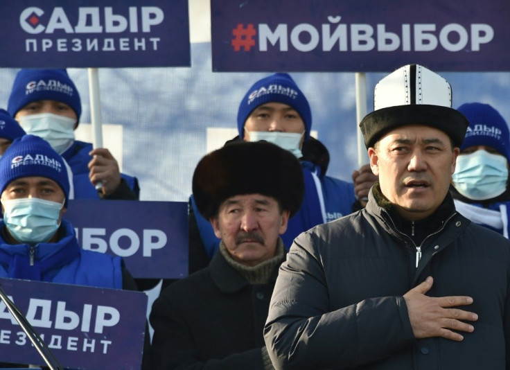 Clad in a traditional Kalpak felt hat, populist Japarov, seen addressing a rally in Bishkek, looks set to claim the presidency just weeks after his release from jail