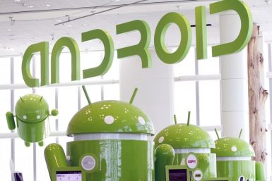 Android mascots are lined up in the demonstration area at the Google I/O Developers Conference in the Moscone Center in San Francisco.