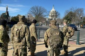 National Guard soldiers stand guard outside buildings around the US Capitol