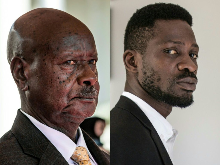 Contenders: President Yoweri Museveni, left, and musician-turned-politician Robert Kyagulanyi, also known as Bobi Wine