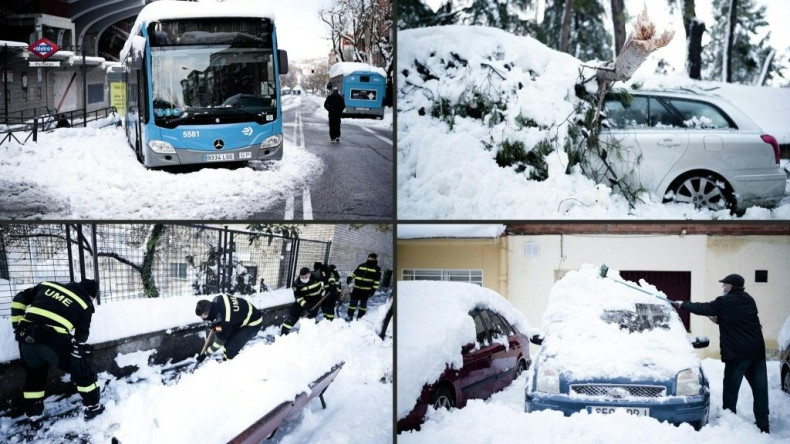 Some of Madrid's residents, with the help of UME (Emergency Army Unit) soldiers, clean the entrances to the city's hospitals after a snowstorm. Storm Filomena killed three people during its passage through Spain and kept emergency service workers and army