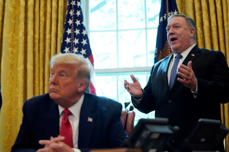 US Secretary of State Mike Pompeo speaks as US President Donald Trump announces that Sudan will normalize relations with Israel at the White House in October 2020