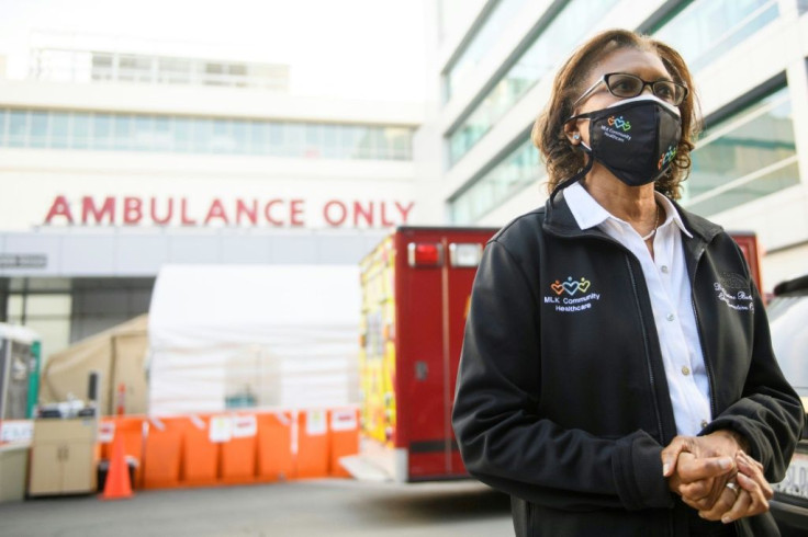 Dr. Elaine Batchlor, chief executive officer of Martin Luther King Jr. Community Hospital speaks outside the hospital's emergency department about the impact of the Covid-19 pandemic on January 6, 2021 in Los Angeles