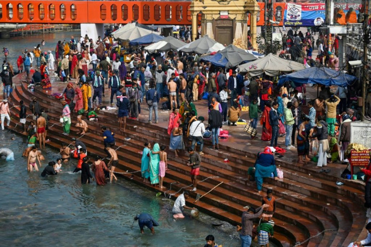 Hindu devotees gather at a ghat of the River Ganges ahead of the religious Kumbh Mela festival