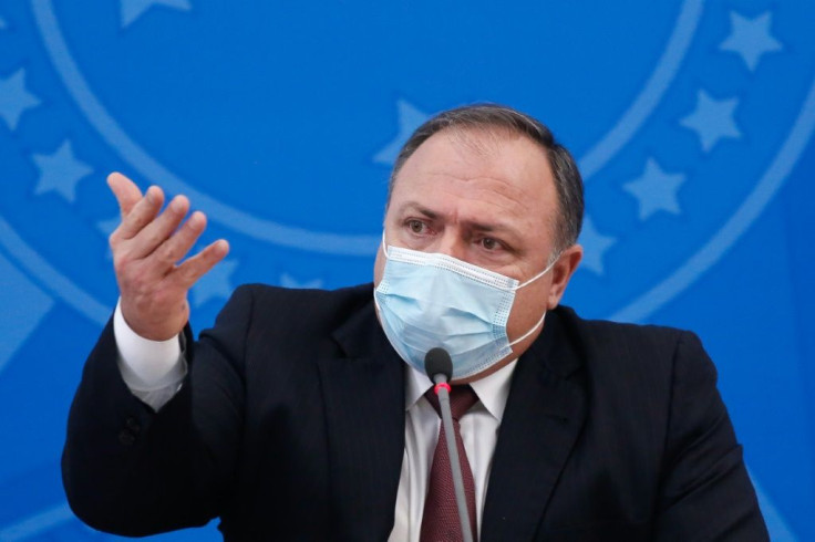 Brazilian Health Minister, Eduardo Pazuello, gestures during a press conference regarding the coronavirus disease (COVID-19) vaccination program, at PalÃ¡cio do Planalto, in Brasilia, January 7, 2021