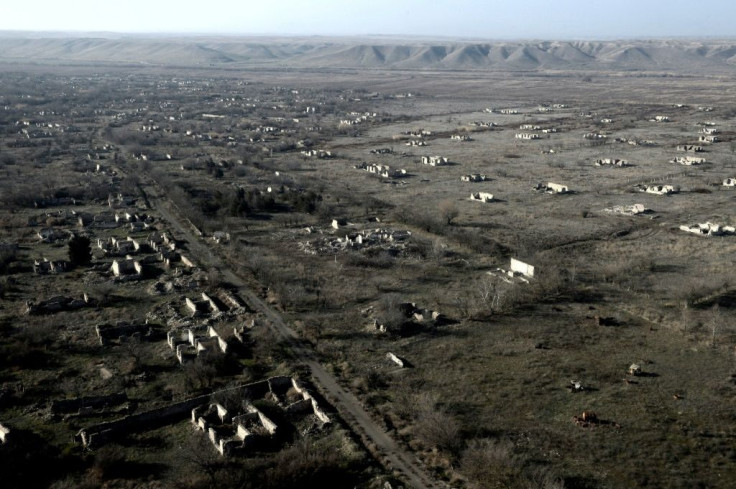 This aerial view shows ruins of the village of Zangilan, Azerbaijan, on January 5, 2021, in an area recaptured by Azerbaijan in October 2020 during a six-week war with Armenia over breakaway region of Nagorno-Karabakh