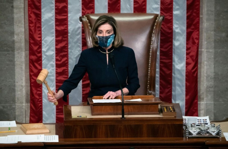 Speaker of the House Nancy Pelosi gavels during the chamber's vote on the impeachment of President Donald Trump on January 13, 2021