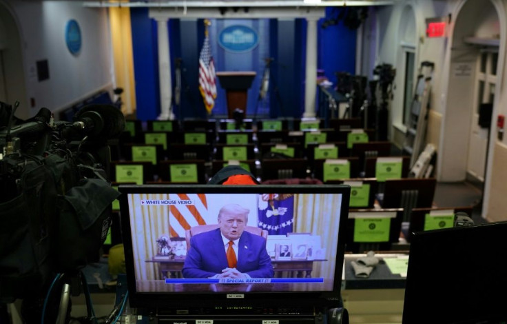 President Donald Trump spoke in a video posted on the White House Twitter feed, as seen in the empty White House press briefing room