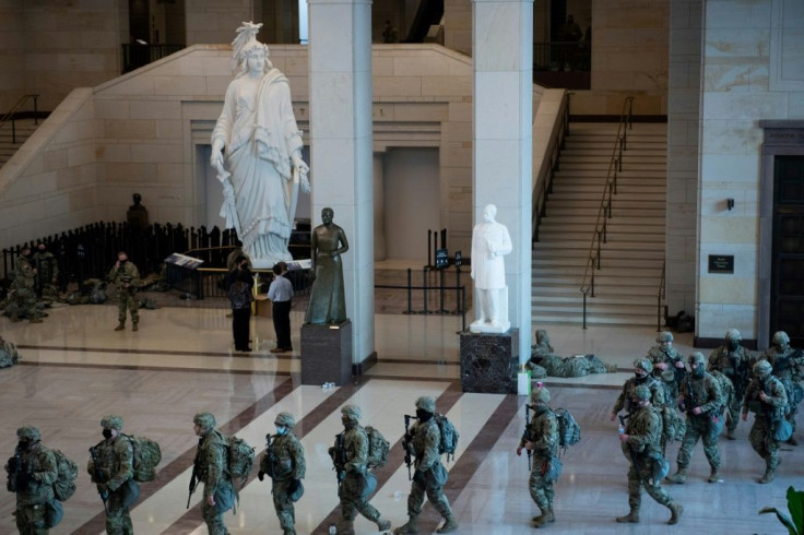 National Guard soldiers deploy from the Capitol Hill visitors center on their mission to provide security for Congress